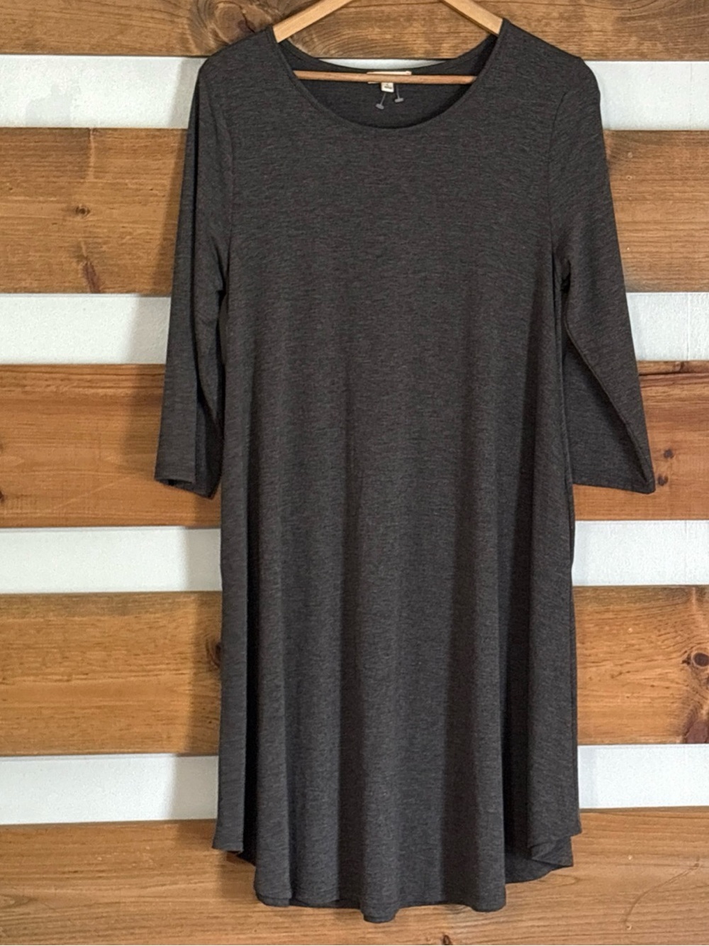 Zenana Premium Heathered Gray Knee Length 3/4 Sleeve Flare Dress Pockets Size L